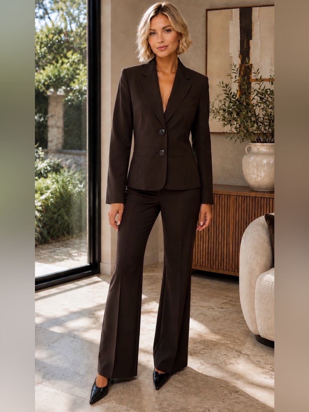 Le Suit Dark Brown Tailored Blazer & Flared Pants Set
